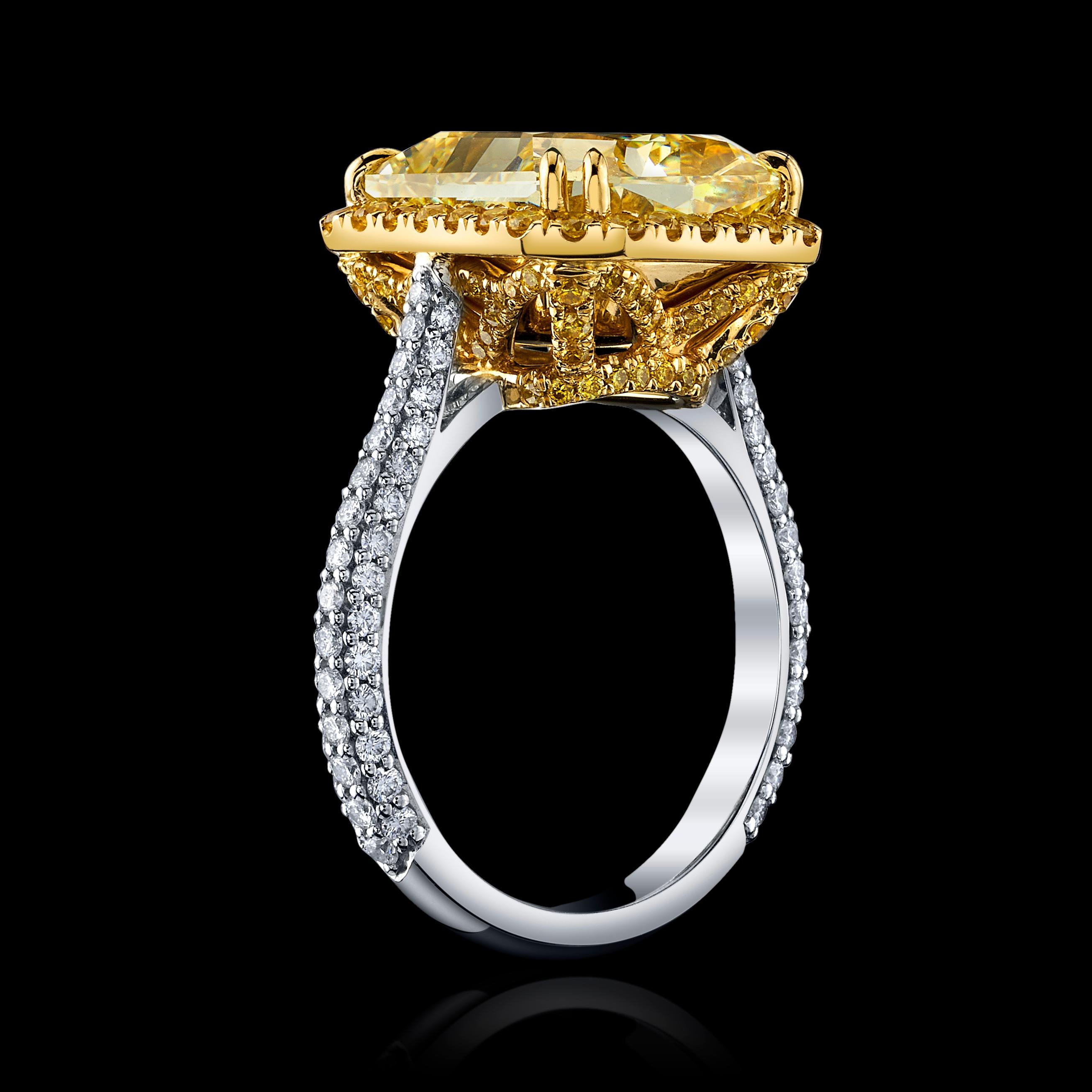 A SPECTACULAR 8.02CT RADIANT FANCY YELLOW DIAMOND IF CLARITY

8.02ct RAD, FY, IF, set in Platinum + 18K gold

 + 0.68cttw = 106 pcs yellow diamonds melee 

+ 0.58cttw = 86 pcs diamond melee on shank. 

GIA # 2215800335