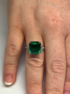GIA-Certified Square-Cut 7.02 Carat Emerald and Diamond Three-Stone Ring