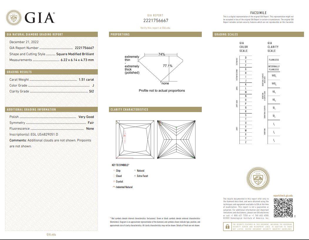 GIA-zertifizierter quadratischer Diamant im modifizierten Brillantschliff, lose 1,51ct im Zustand „Hervorragend“ im Angebot in Laguna Beach, CA