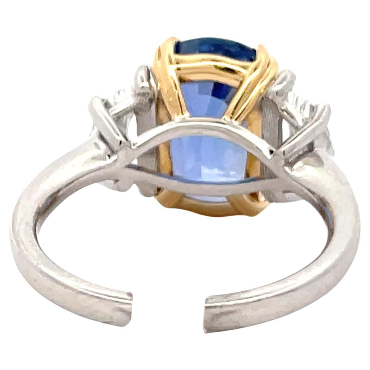 Cushion Cut GIA Certified Sri Lanka Sapphire Diamond Three Stone Ring 7.10 Carats Plat  For Sale