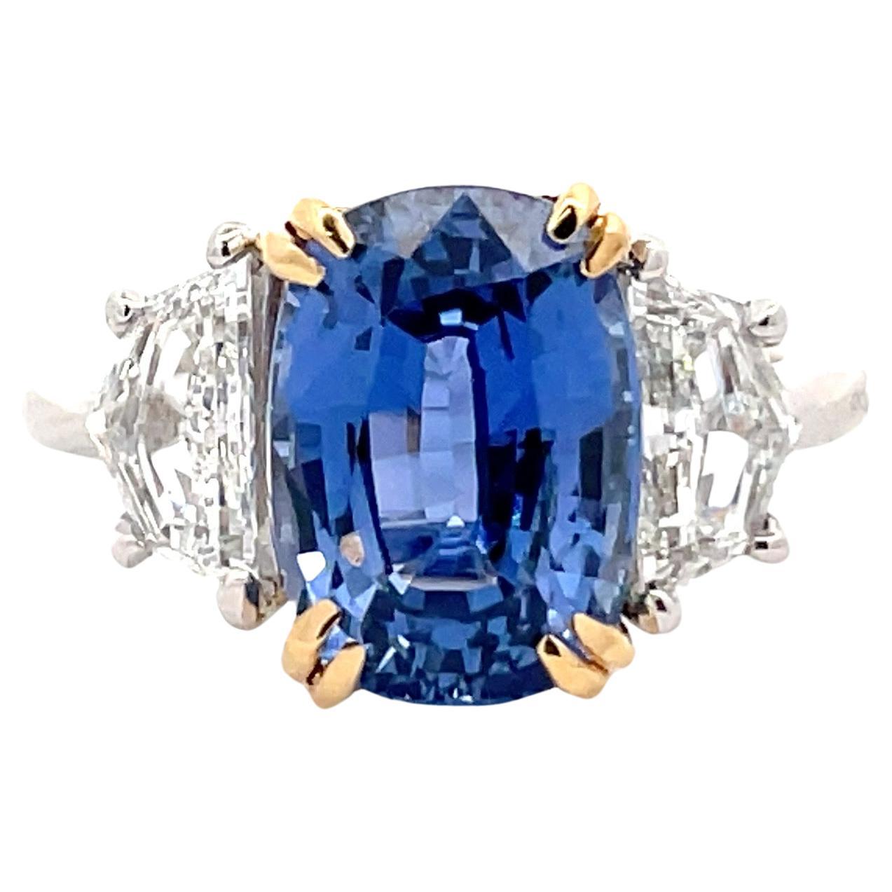 GIA Certified Sri Lanka Sapphire Diamond Three Stone Ring 7.10 Carats Plat  For Sale