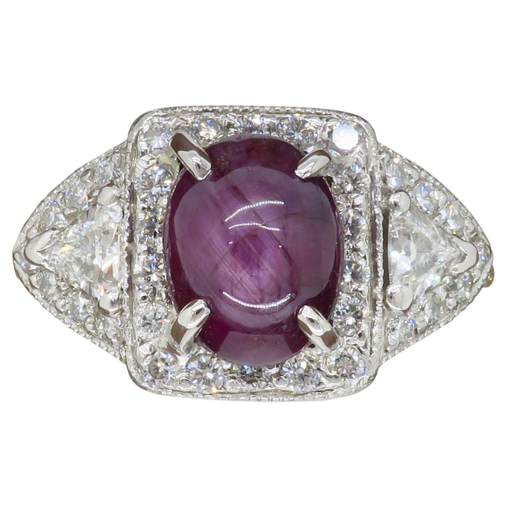 GIA Certified Star Sapphire and Diamond Ring Made in Platinum For Sale