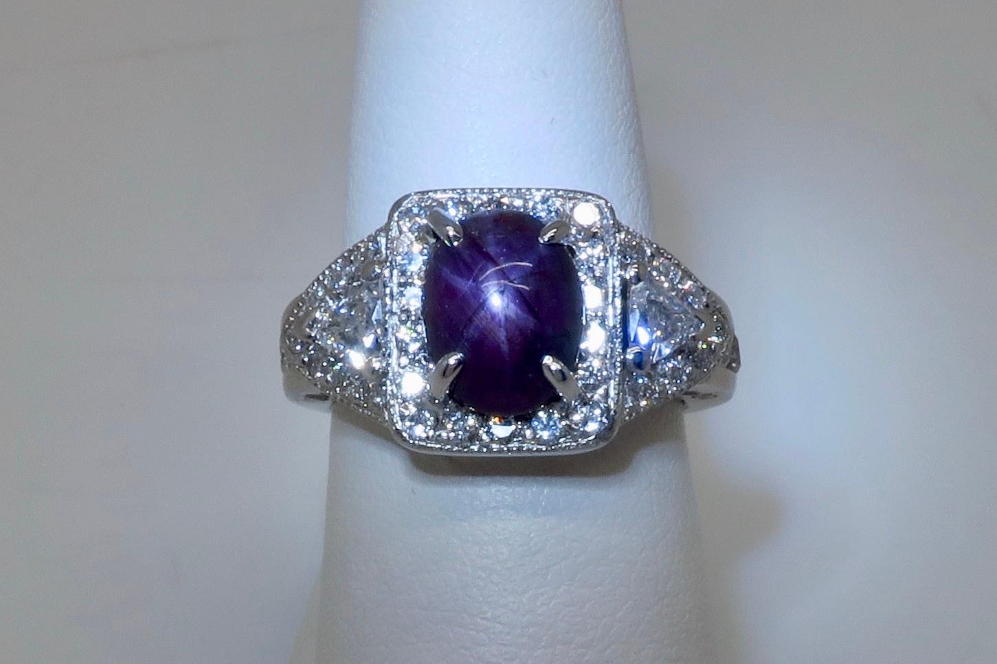 GIA Certified Star Sapphire and Diamond Ring Made in Platinum For Sale 4