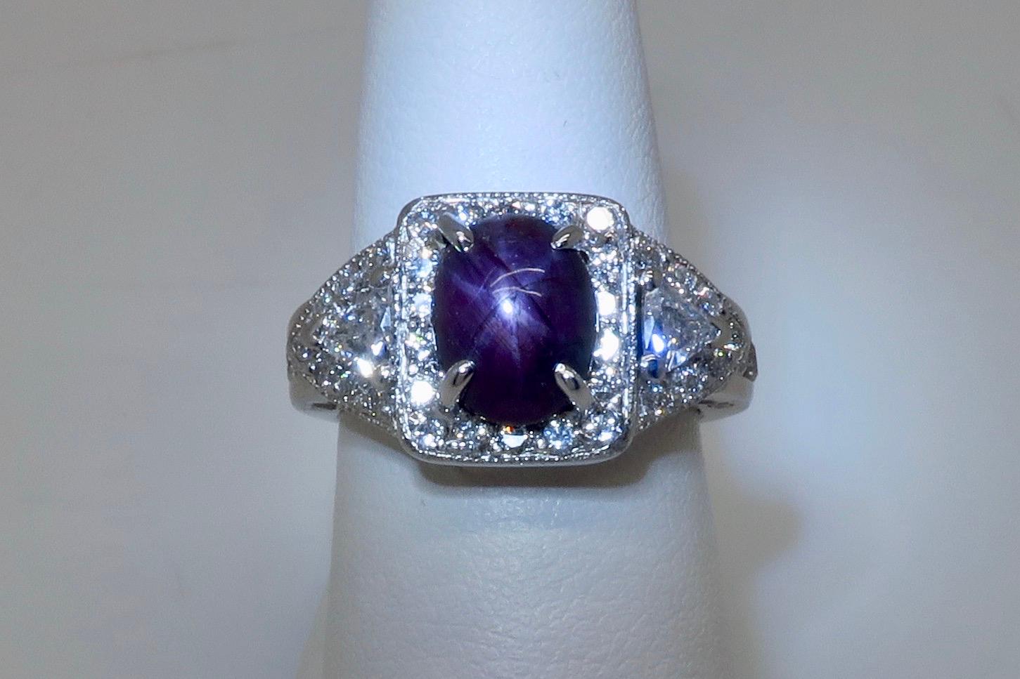 GIA Certified Star Sapphire and Diamond Ring Made in Platinum For Sale 3