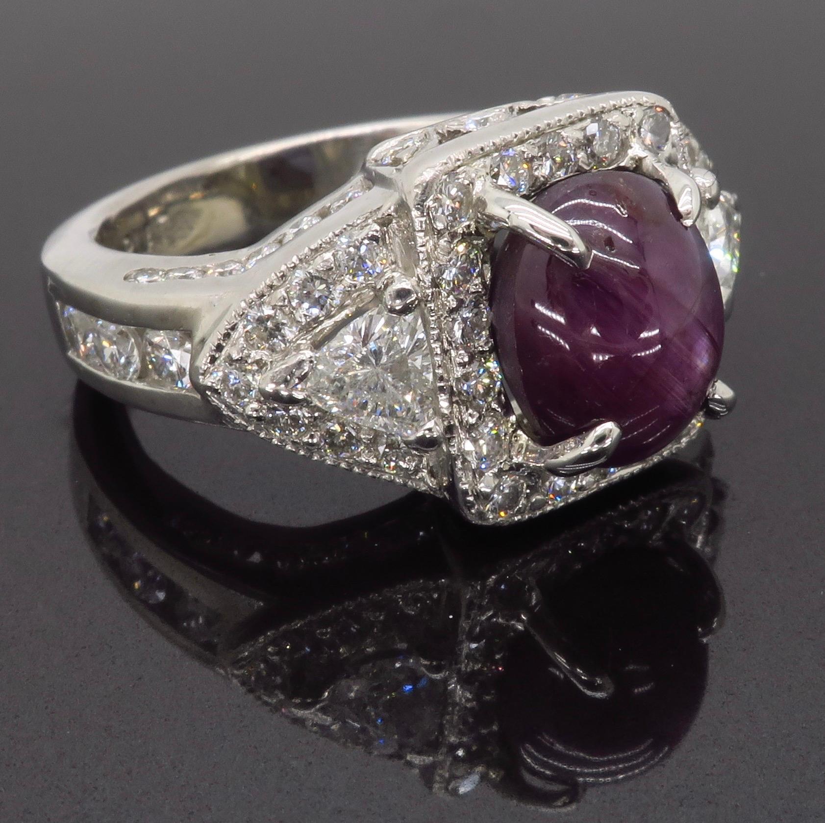 Cabochon GIA Certified Star Sapphire and Diamond Ring Made in Platinum For Sale