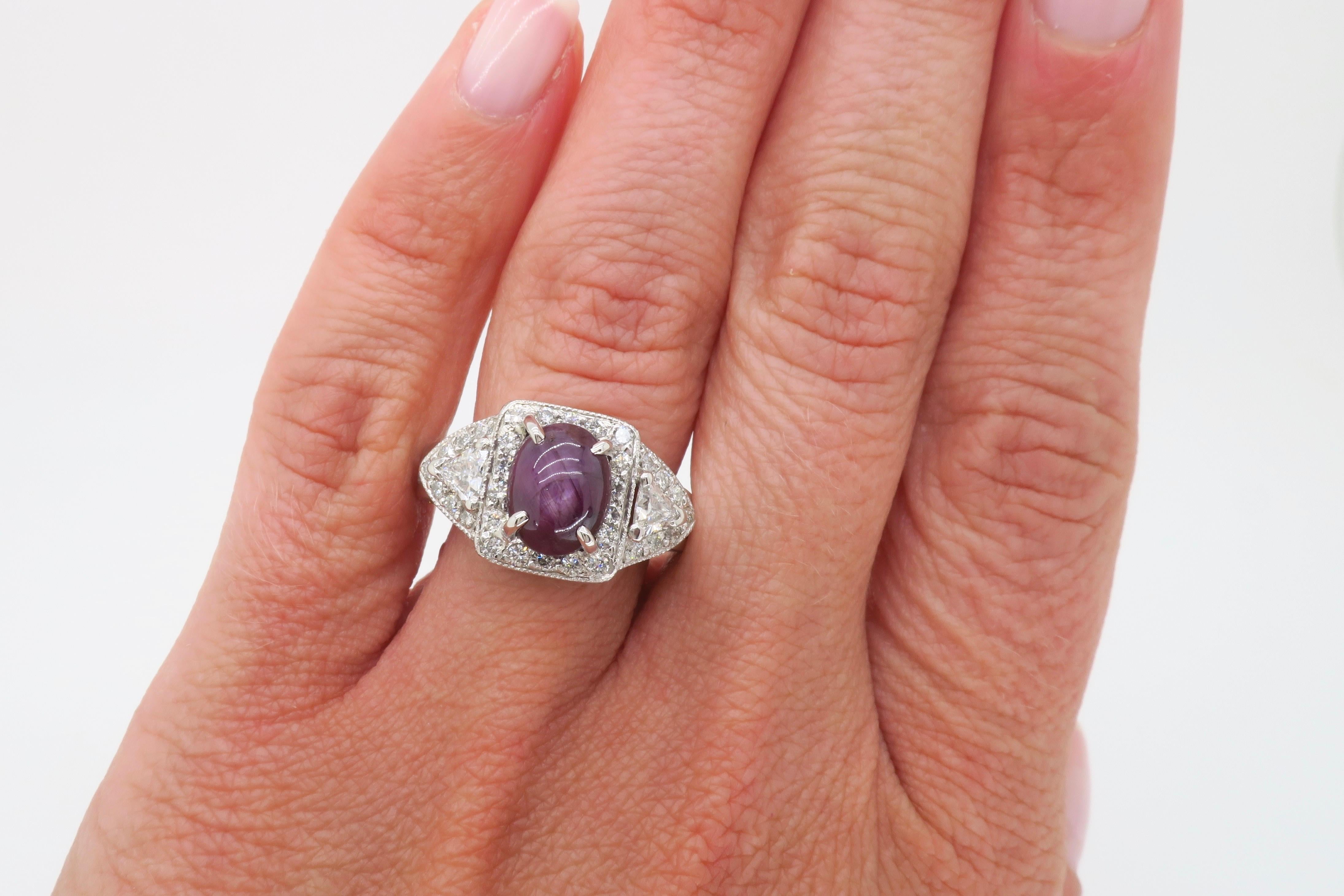 Women's GIA Certified Star Sapphire and Diamond Ring Made in Platinum For Sale