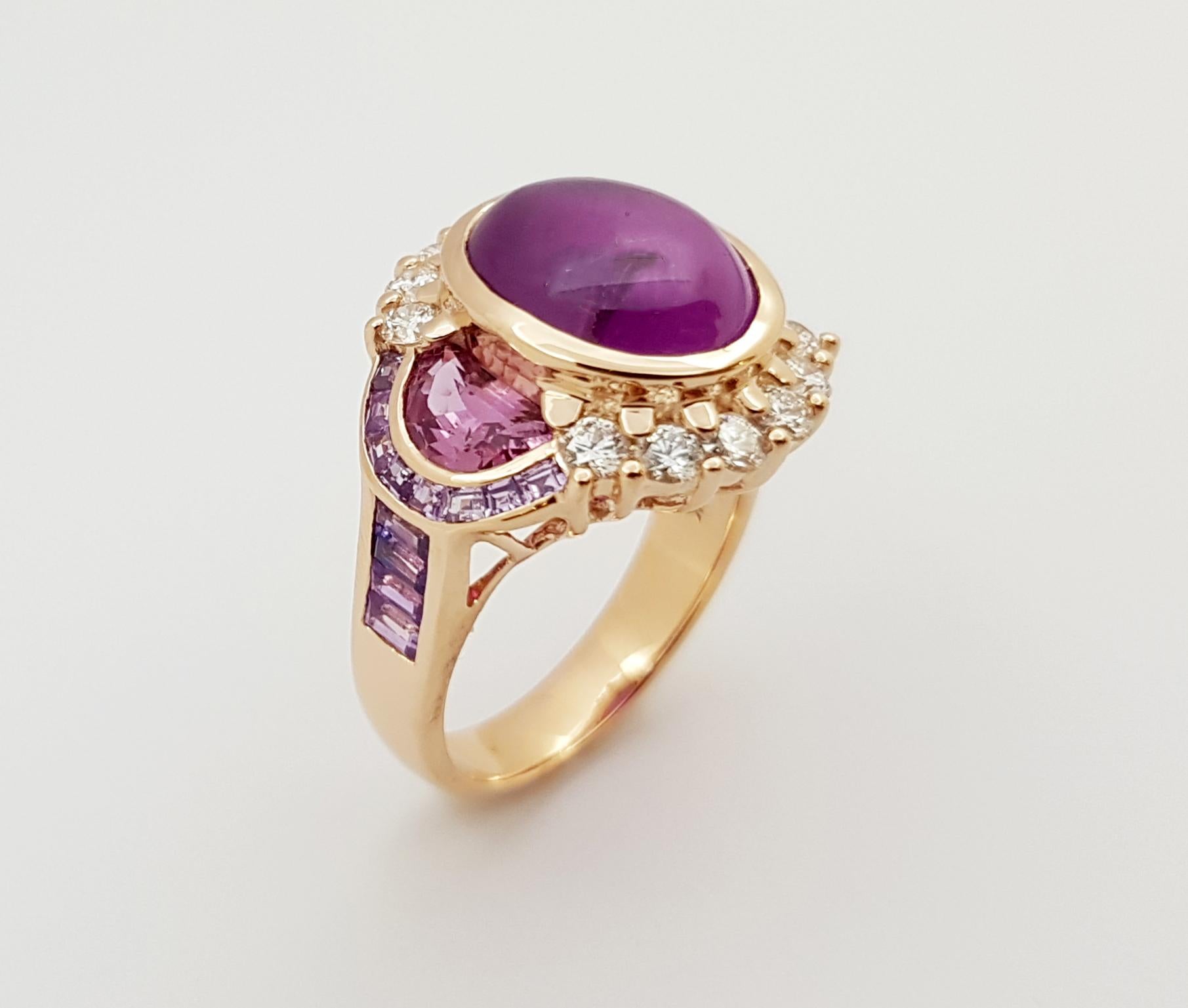 GIA Certified Star Ruby, Pink Sapphire, Purple Sapphire Ring in 18K Rose Gold For Sale 4