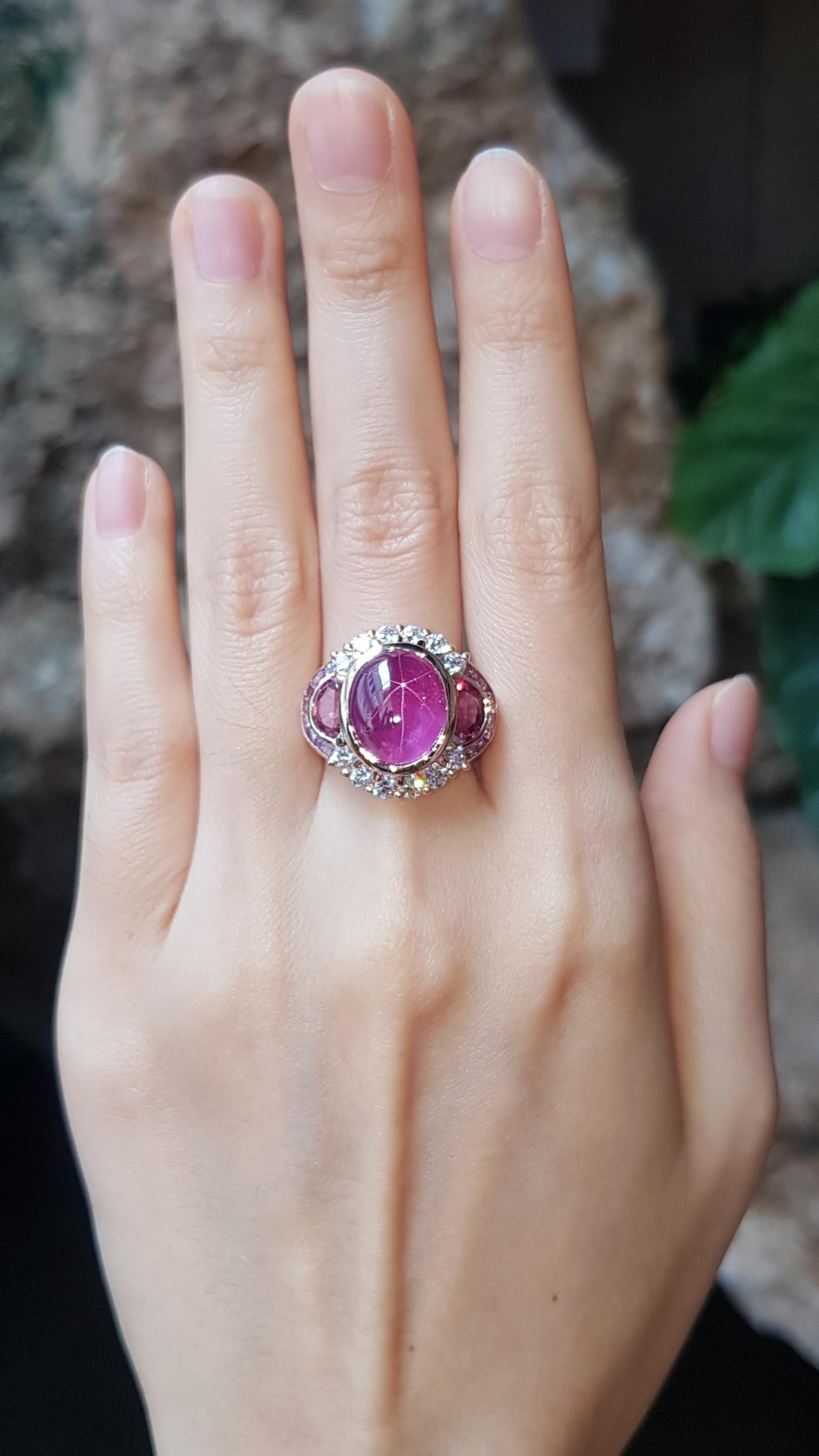 Star Ruby 11.24 carats, Pink Sapphire 1.74 carats, Purple Sapphire 2.29 carats and Diamond 0.92 carat Ring set in 18 Karat Rose Gold Settings
(GIA Certified)

Width:  2.0 cm 
Length: 2.0 cm
Ring Size: 60
Total Weight: 13.58 grams


