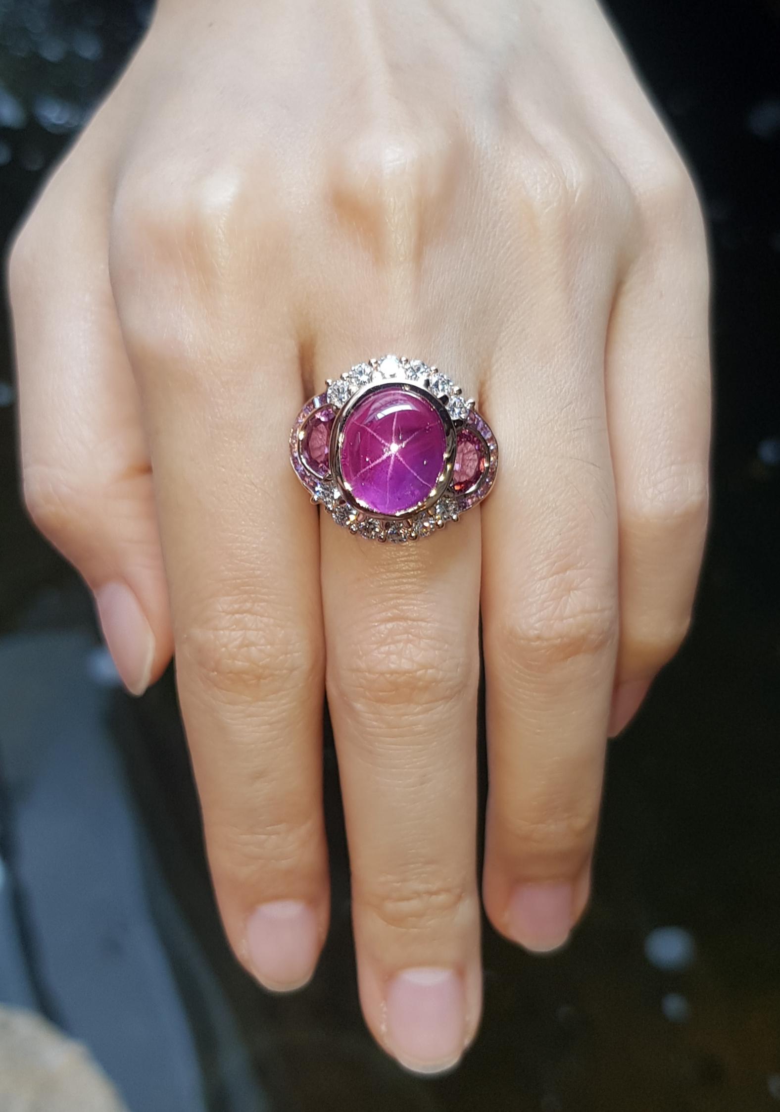 Cabochon GIA Certified Star Ruby, Pink Sapphire, Purple Sapphire Ring in 18K Rose Gold For Sale