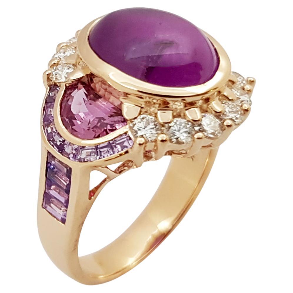 GIA Certified Star Ruby, Pink Sapphire, Purple Sapphire Ring in 18K Rose Gold For Sale