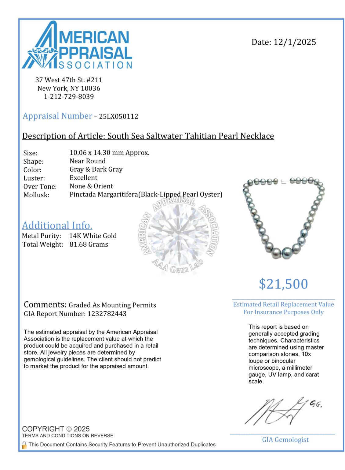 Collana di perle tahitiane certificate GIA con chiusura in oro bianco in vendita 7