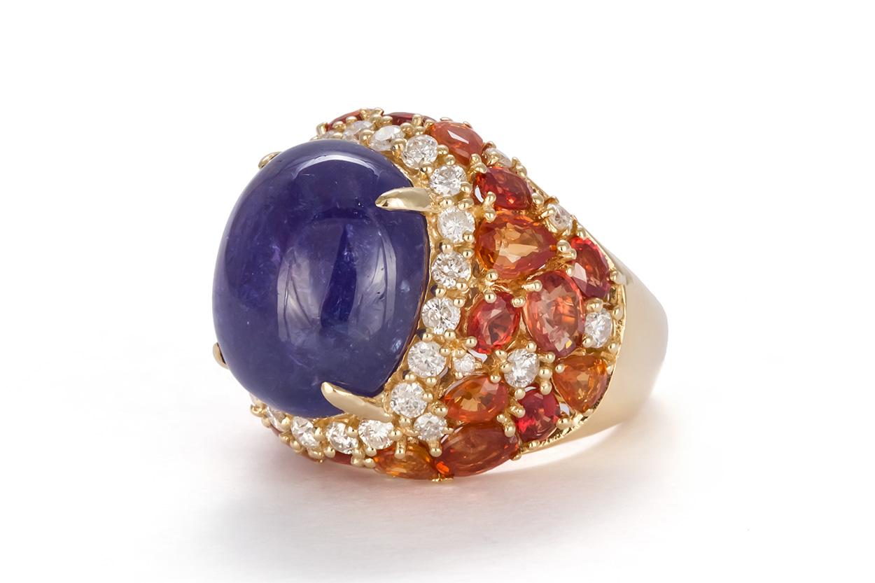 Contemporary GIA Certified Tanzanite Citrine and Diamond 18 Karat Gold Cabochon Cocktail Ring