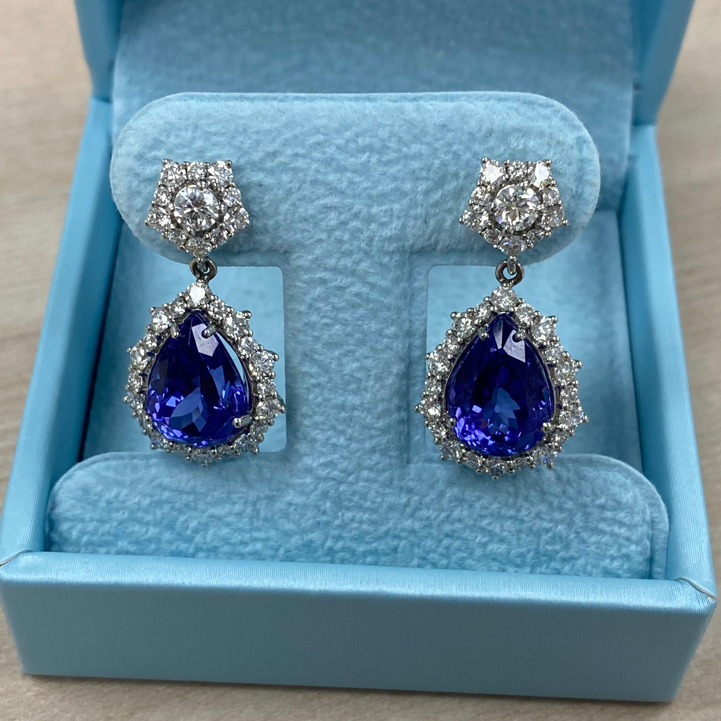 Modern GIA Certified Tanzanite Diamond Drop Earrings 14k White Gold 11.49 Ctw For Sale