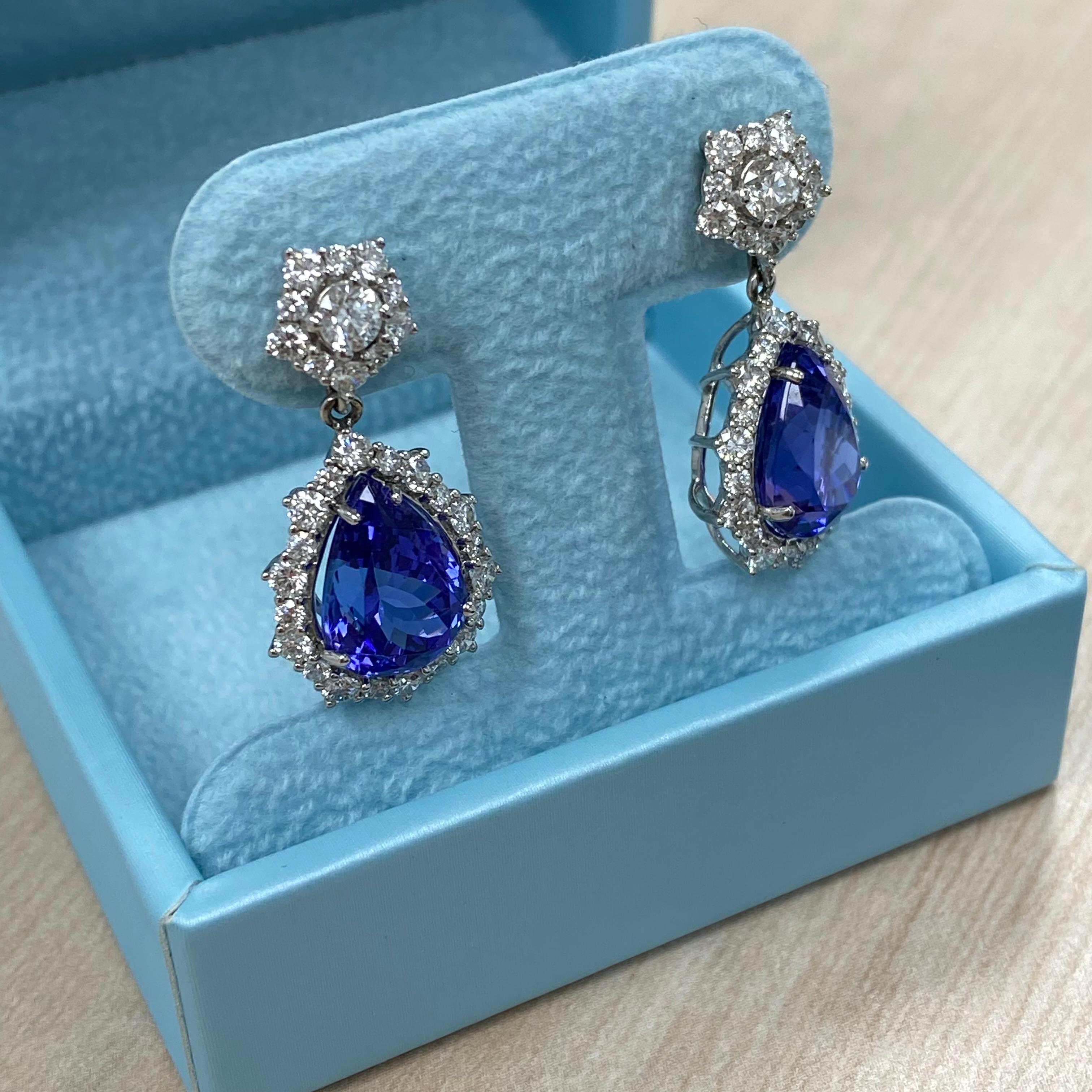 Pear Cut GIA Certified Tanzanite Diamond Drop Earrings 14k White Gold 11.49 Ctw For Sale