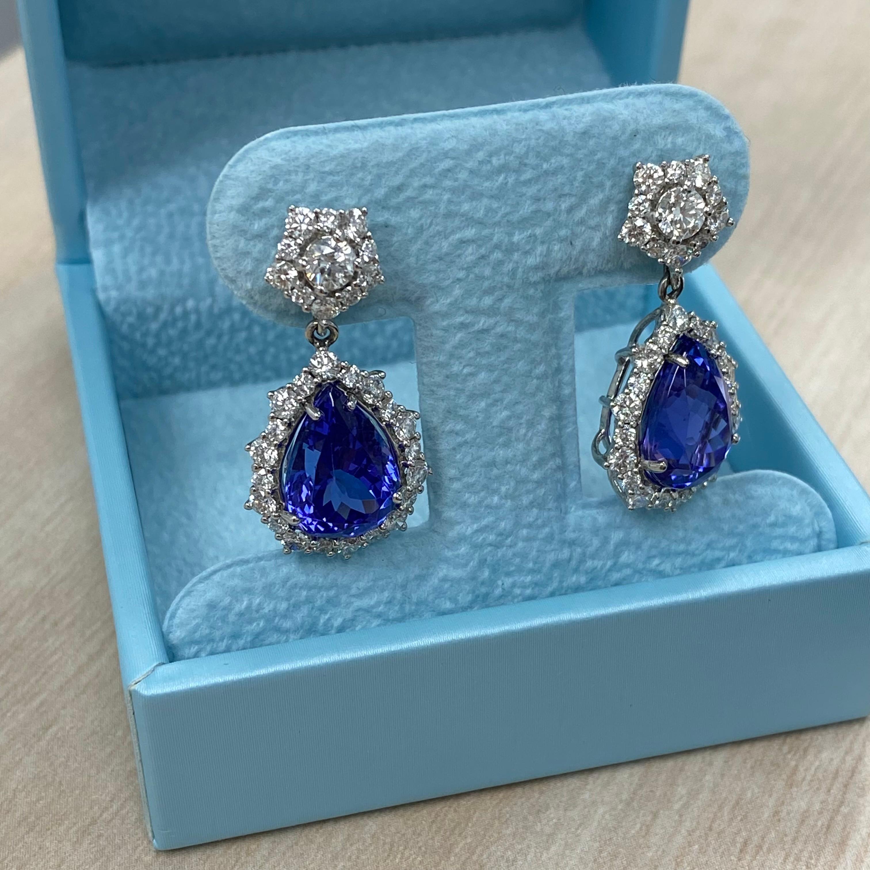 GIA Certified Tanzanite Diamond Drop Earrings 14k White Gold 11.49 Ctw In New Condition For Sale In New York, NY