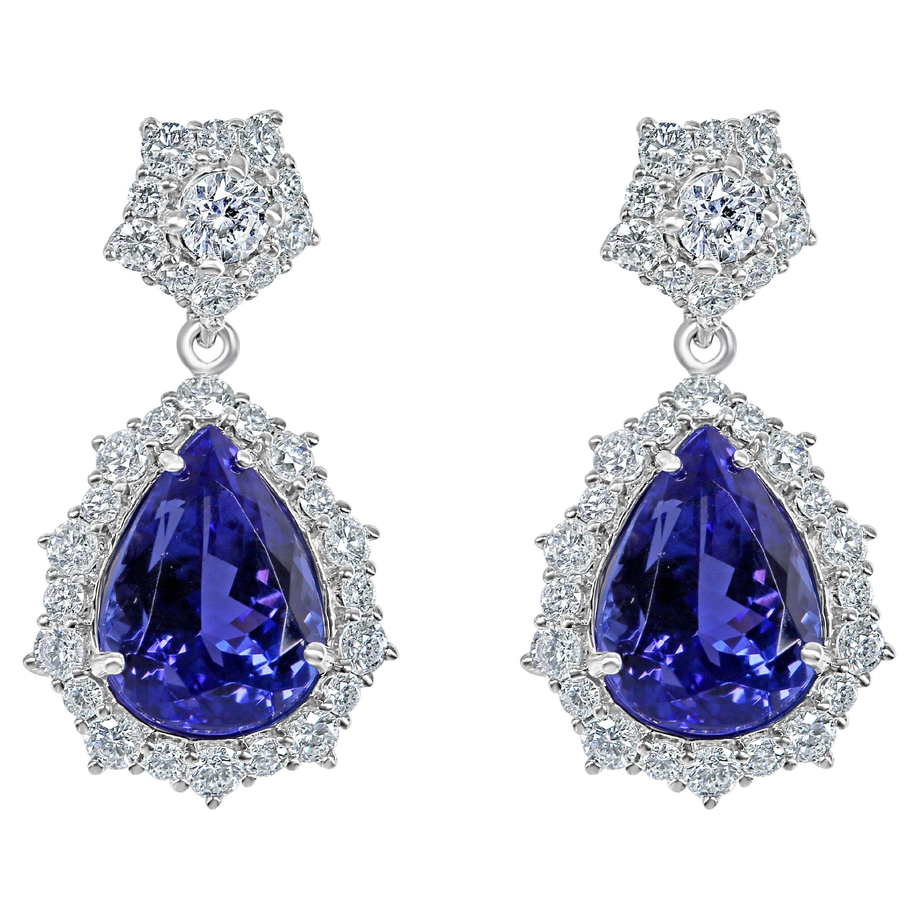 GIA Certified Tanzanite Diamond Drop Earrings 14k White Gold 11.49 Ctw For Sale