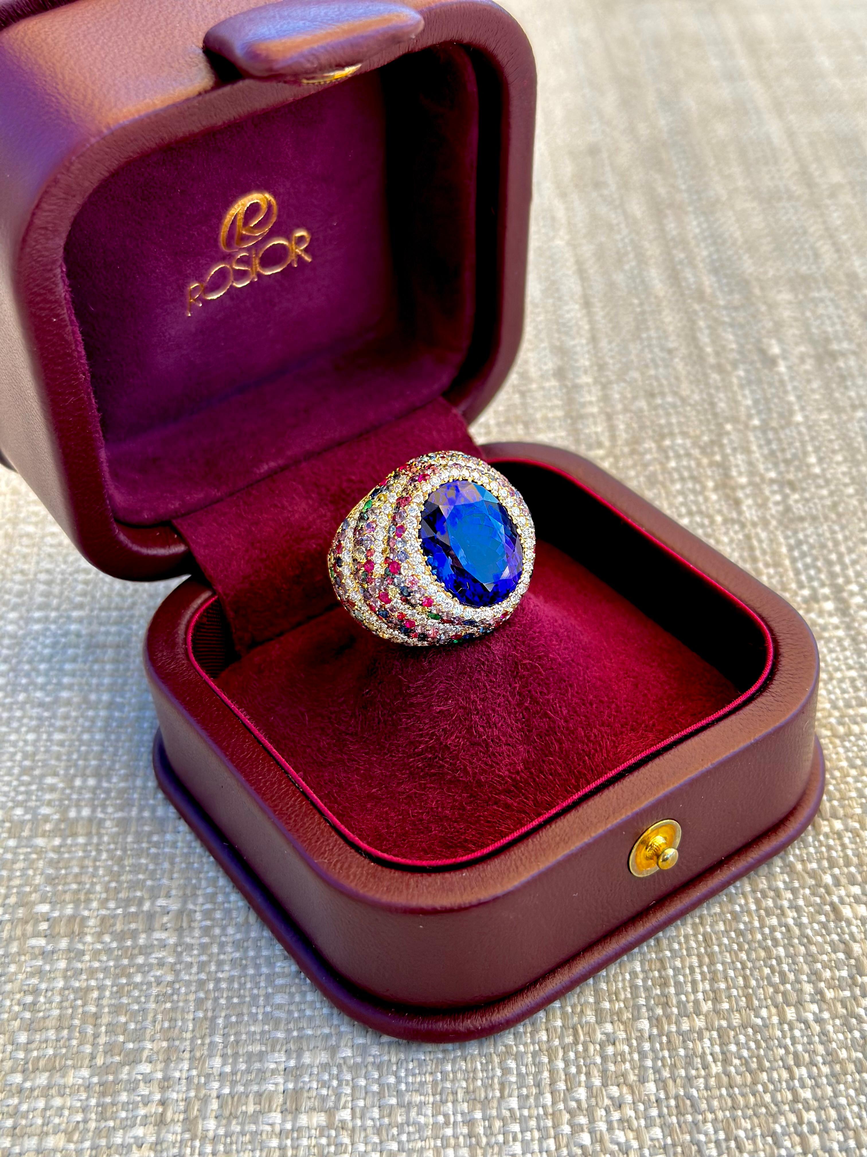 Oval Cut GIA certified Tanzanite, Diamond, Sapphire and Emerald Cocktail Ring  For Sale