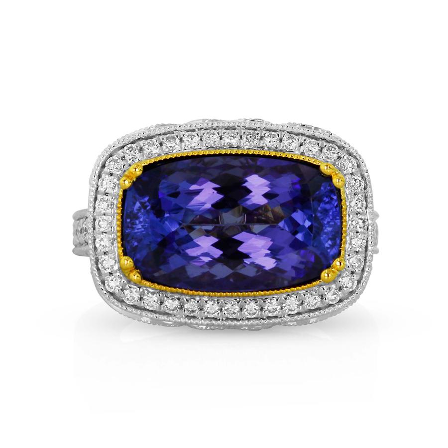 Cushion Cut GIA Certified Tanzanite Diamond White and Yellow Gold Ring For Sale