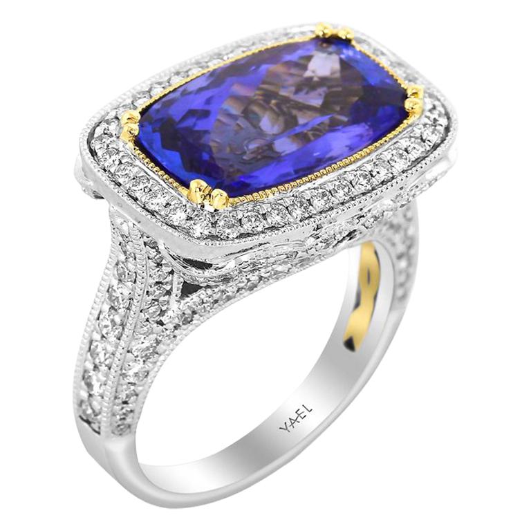 GIA Certified Tanzanite Diamond White and Yellow Gold Ring For Sale