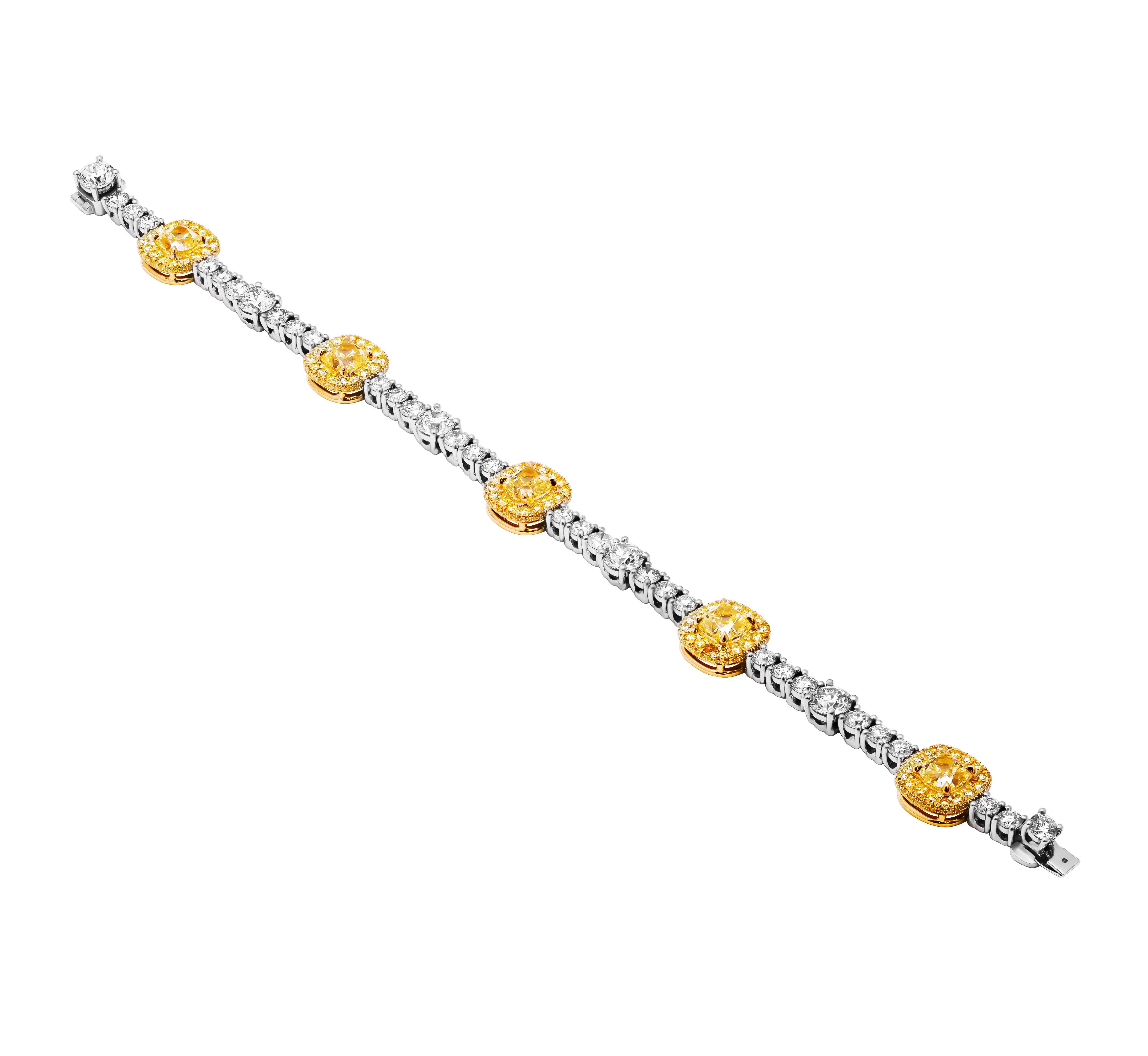 Modern GIA Certified Tennis Bracelet with Fancy Yellow Cushions and Round Diamonds For Sale