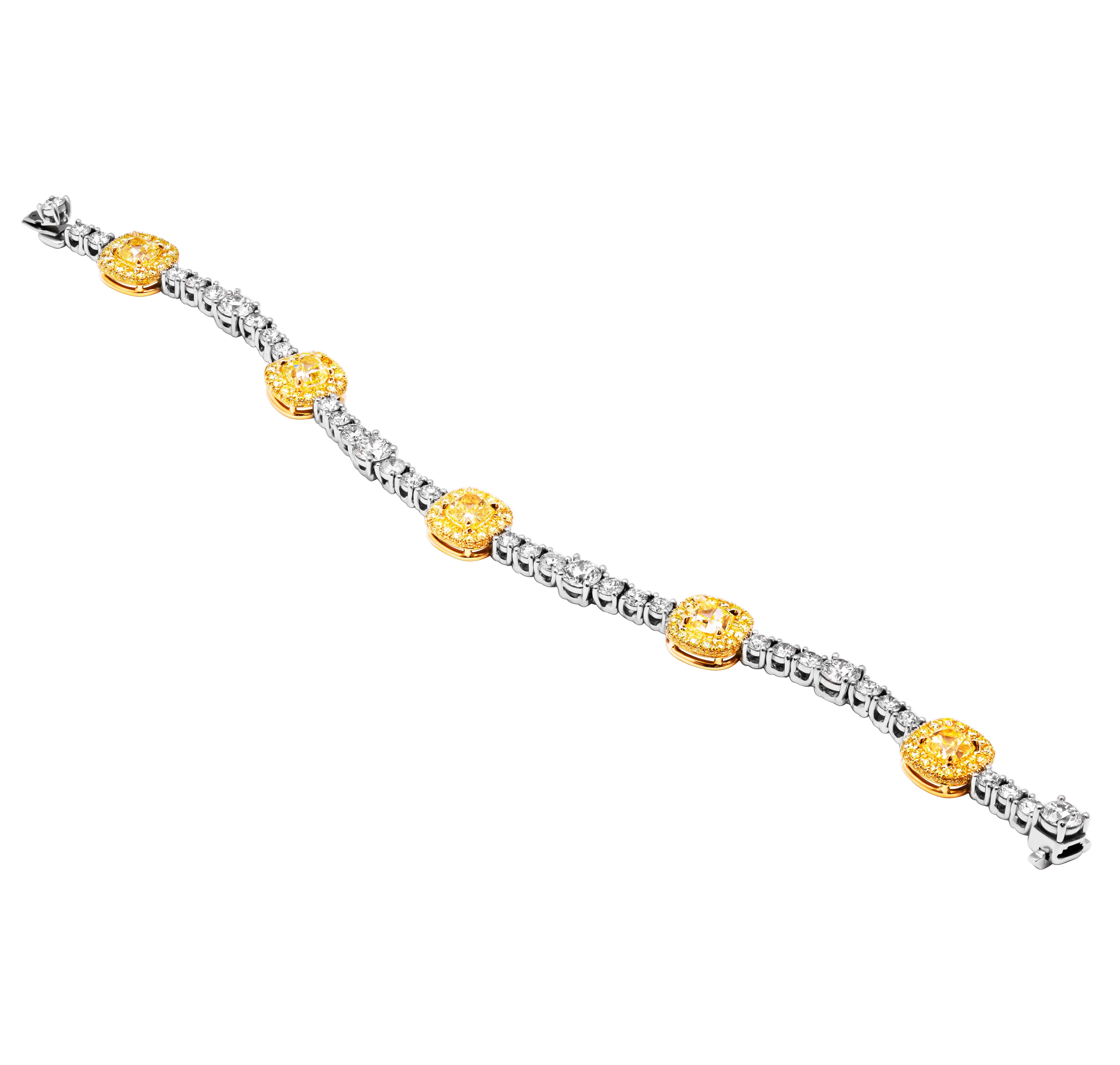 Cushion Cut GIA Certified Tennis Bracelet with Fancy Yellow Cushions and Round Diamonds For Sale
