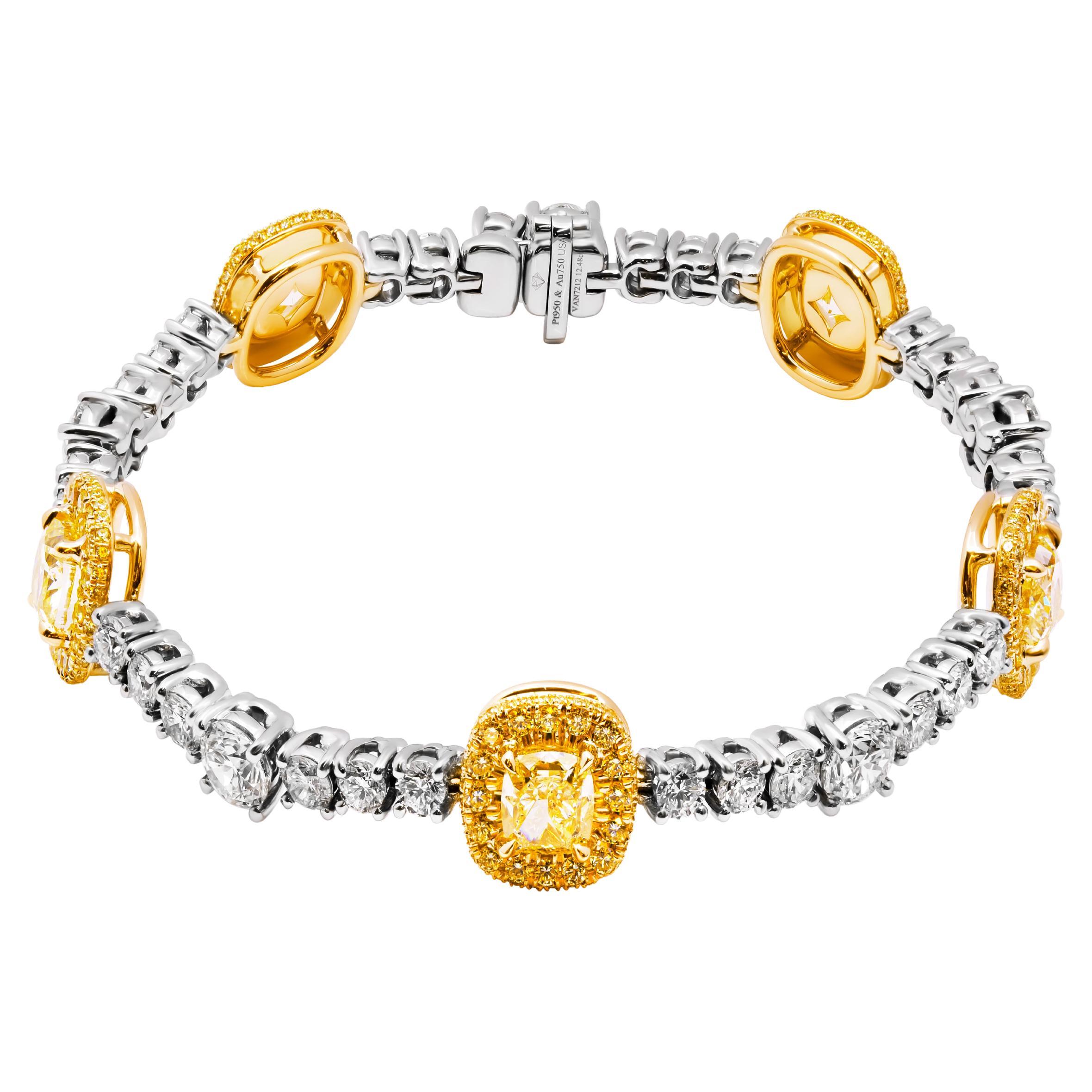 Bracelet tennis certifié GIA avec coussins jaunes fantaisie et diamants ronds