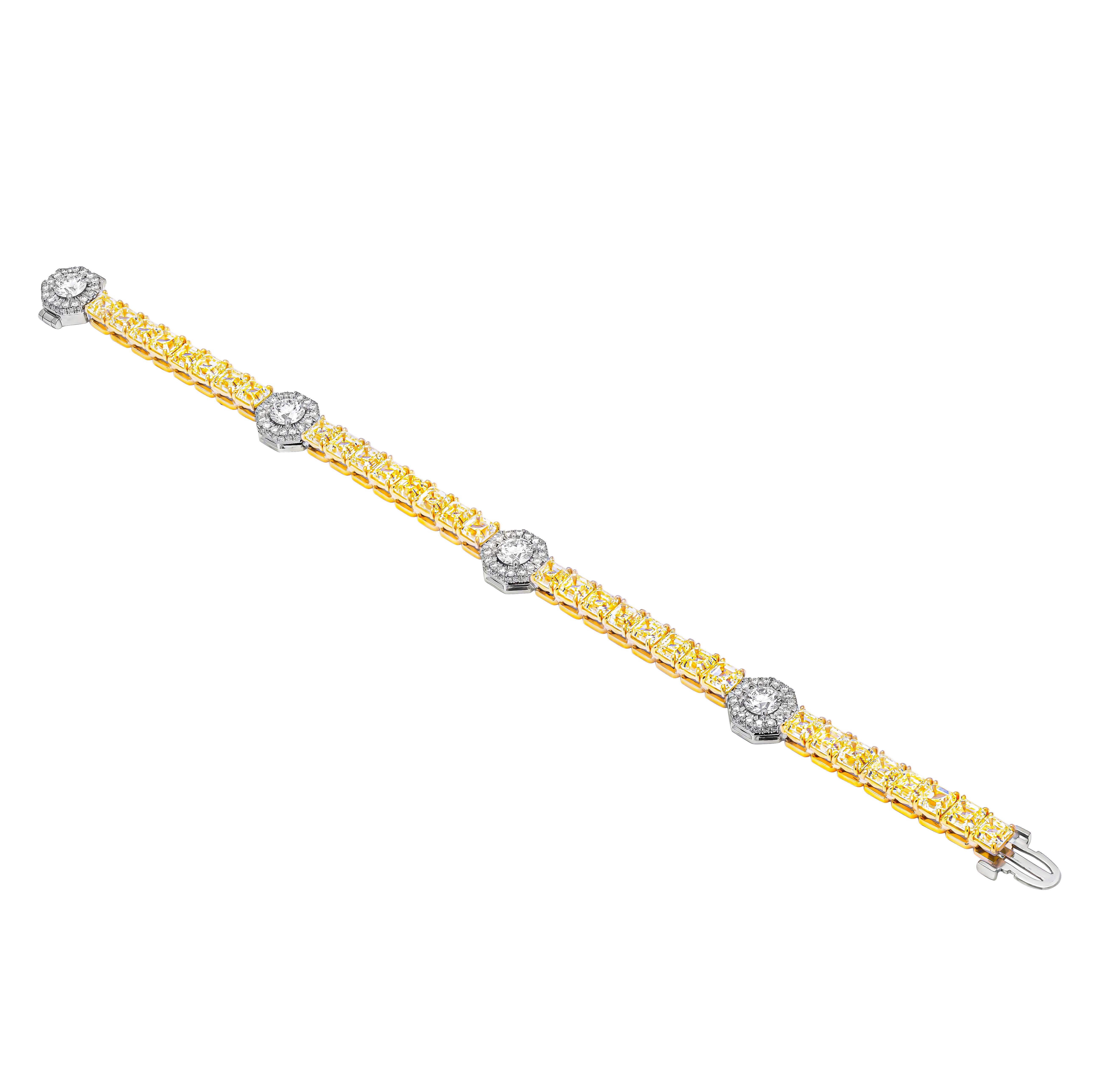 Modern GIA Certified Tennis Bracelet with Yellow Asscher cut diamonds & Round diamonds For Sale
