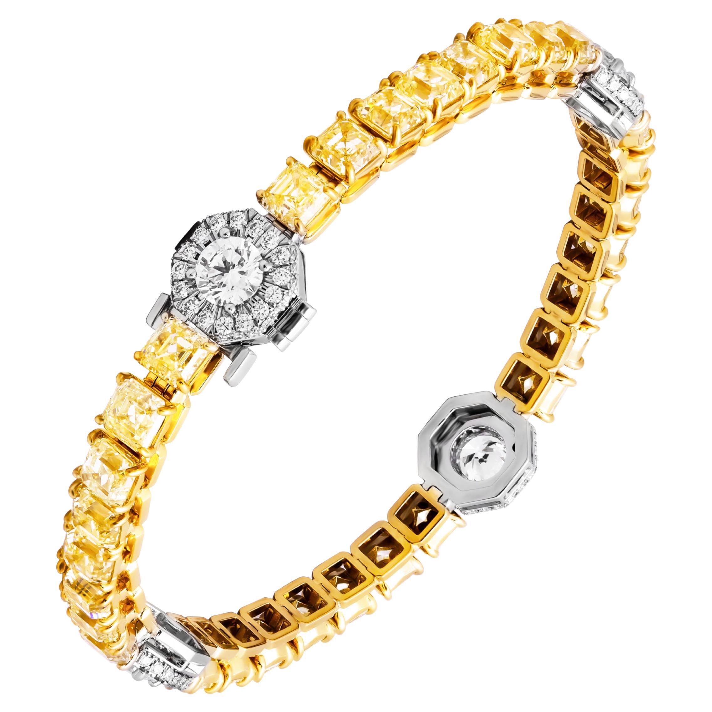 Bracelet tennis certifié GIA avec diamants jaunes de taille Asscher et diamants ronds