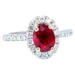 GIA Certified Thailand Ruby 1.71ct Halo Diamond Ring 18kt Vivid Red Prime