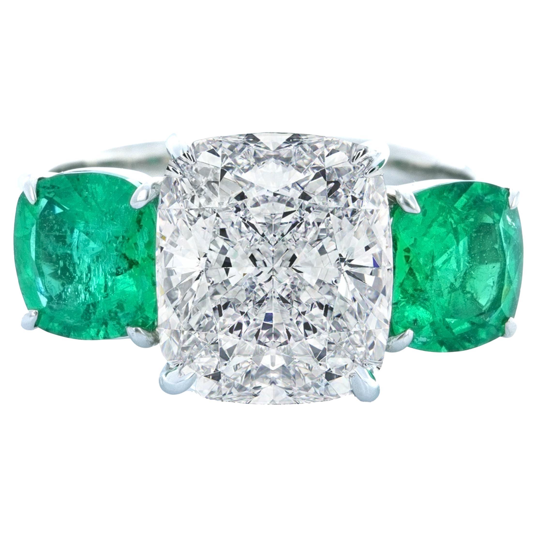 GIA Certified, Three-Stone Diamond and Emerald Ring