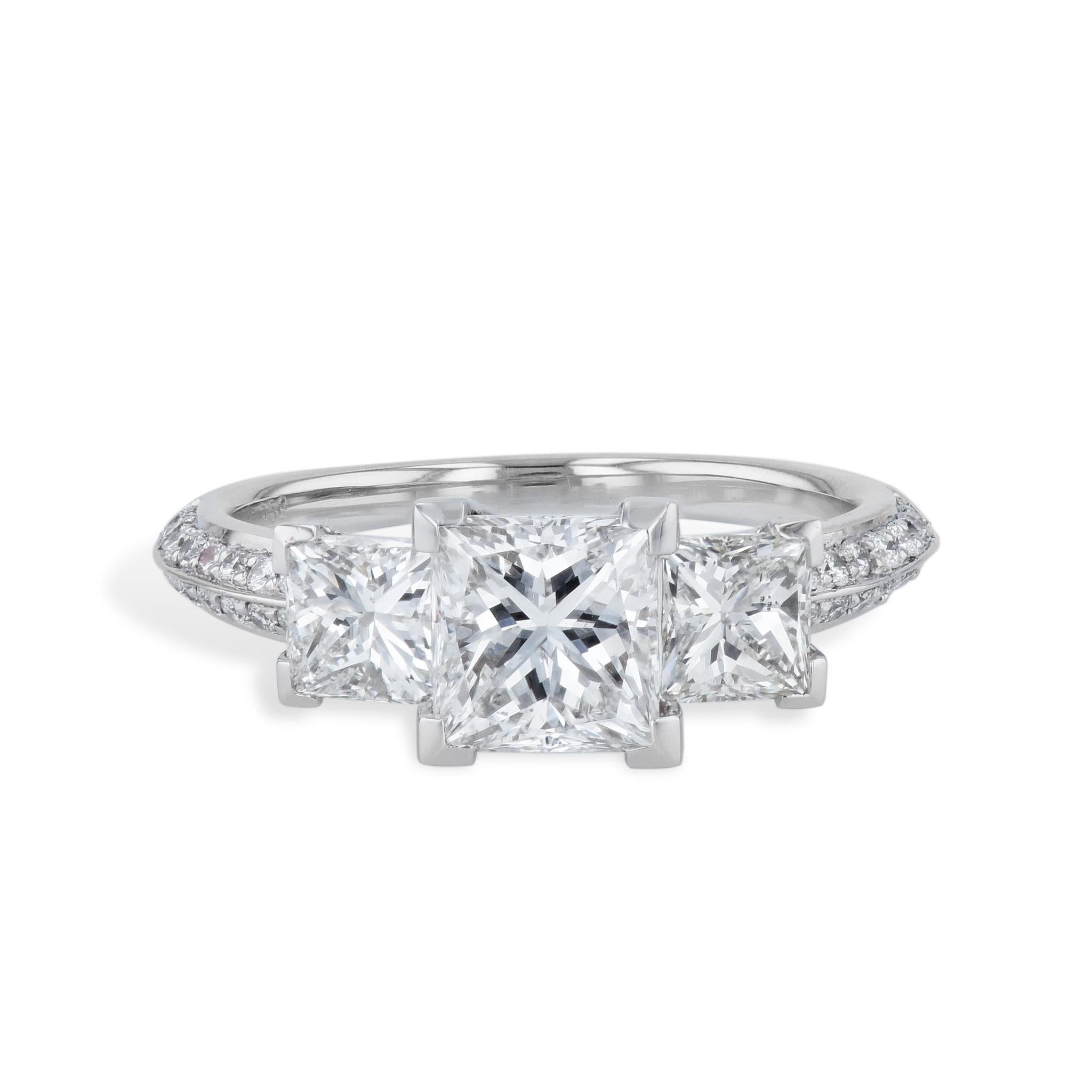 Women's GIA Certified Three Stone Princess Cut Diamond Engagement Ring Handmade Platinum For Sale