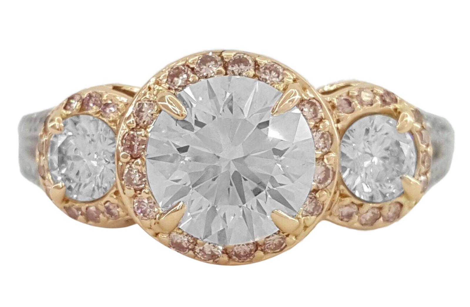 GIA Certified Three Stone Round Diamond 18 Carat Pink Diamond Ring In New Condition For Sale In Chicago, IL