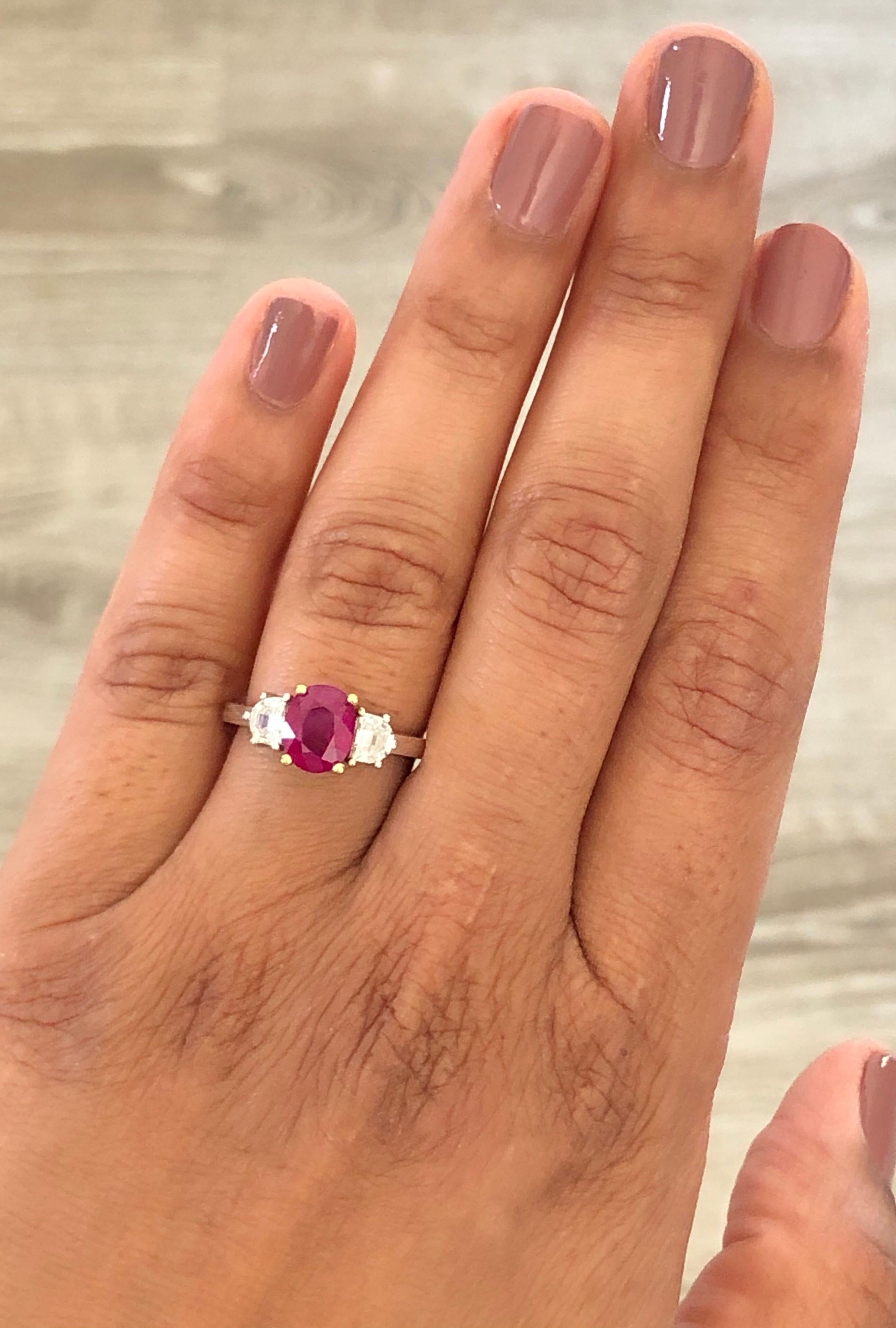 GIA Certified Three-Stone Ruby Diamond 18 Karat White Gold Ring In New Condition In Los Angeles, CA