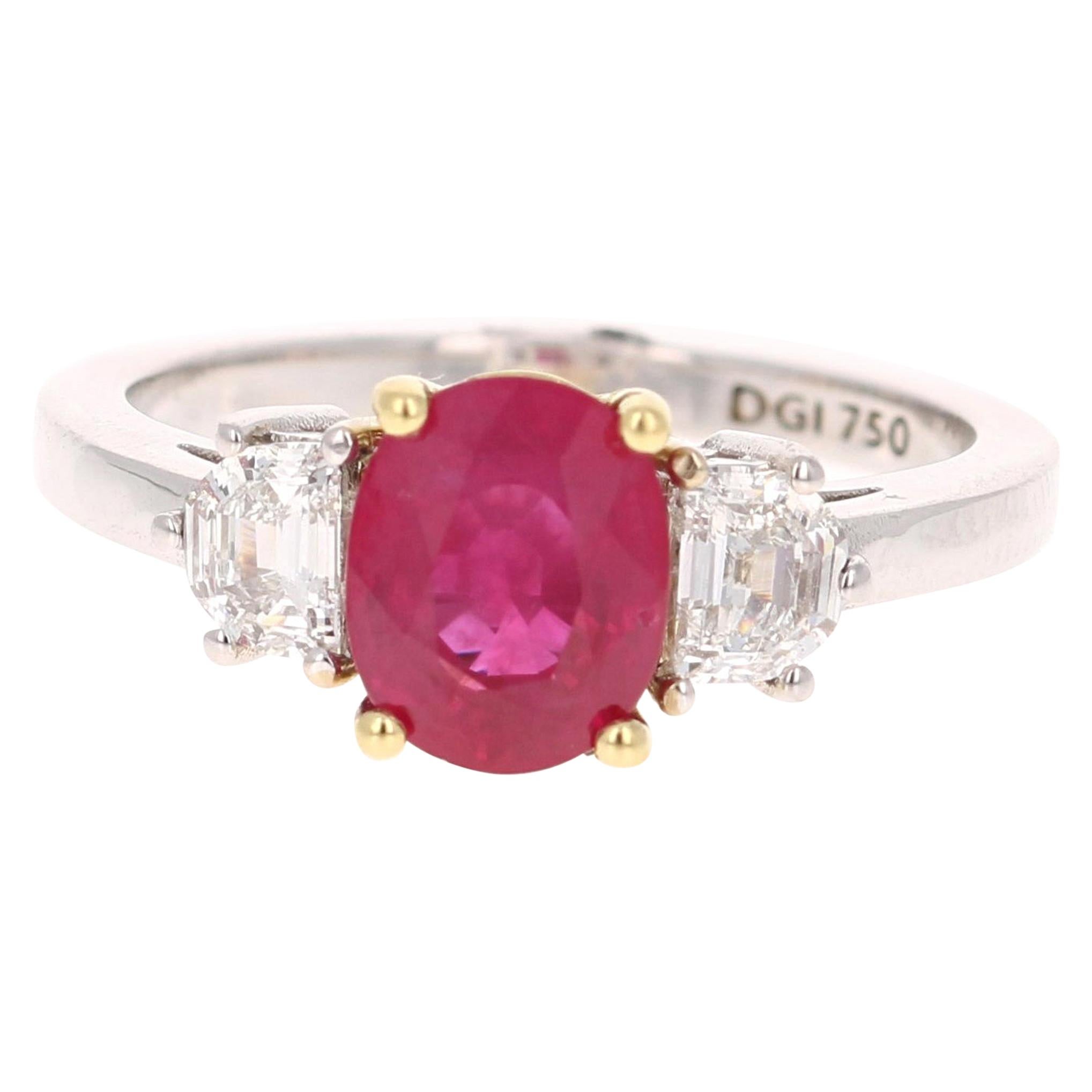 GIA Certified Three-Stone Ruby Diamond 18 Karat White Gold Ring