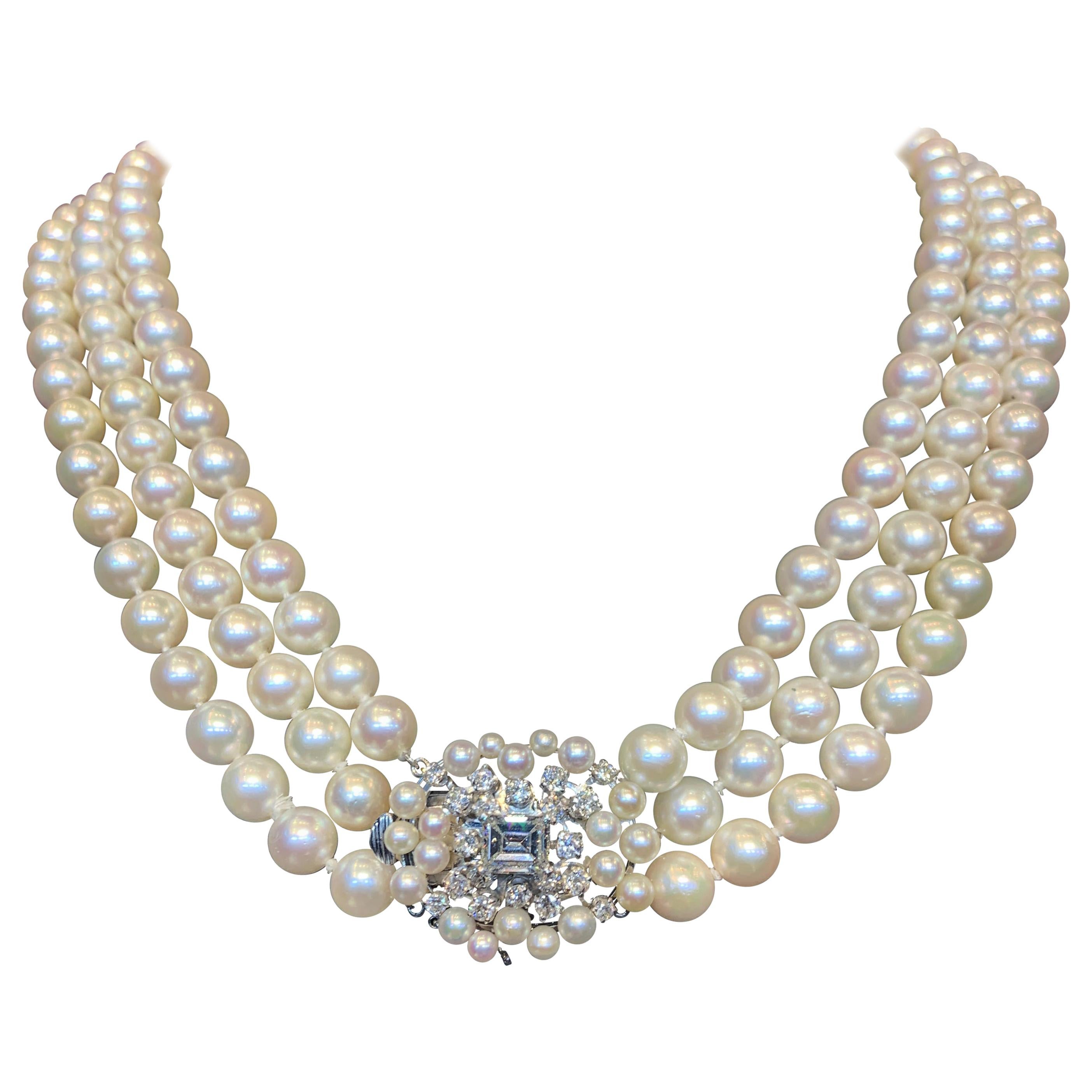 GIA Certified Three-Strand Pearl and Diamond Necklace