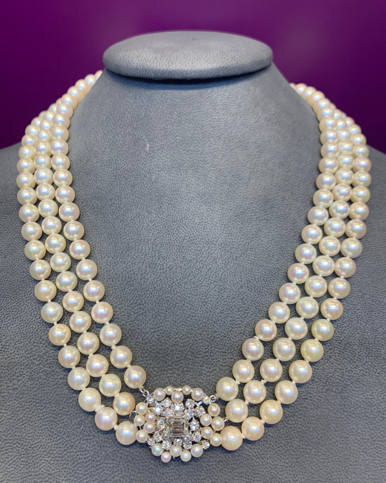 GIA Certified Three-Strand Pearl and Diamond Necklace For Sale at