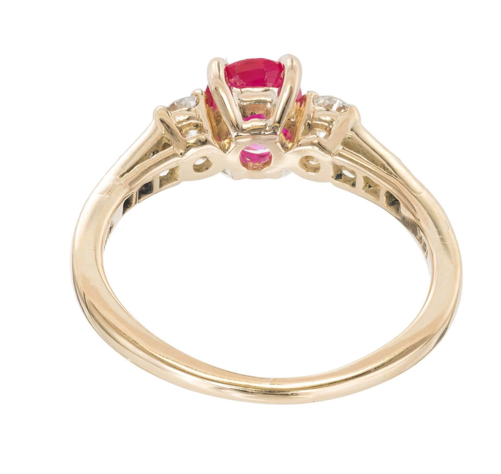 GIA Certified Tiffany & Co Ruby Diamond Gold Three-Stone Engagement Ring In Good Condition In Stamford, CT