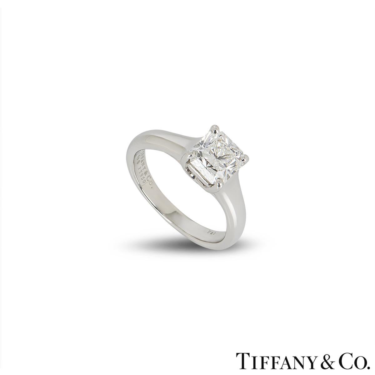 An alluring platinum Tiffany & Co. diamond ring from the Lucida collection. The ring comprises of a Lucida cut diamond in a 4 claw setting with a weight of 1.10ct, G colour and VVS1 clarity. The ring is a size UK I, EU 48.5 and US 4 1⁄4 but can be