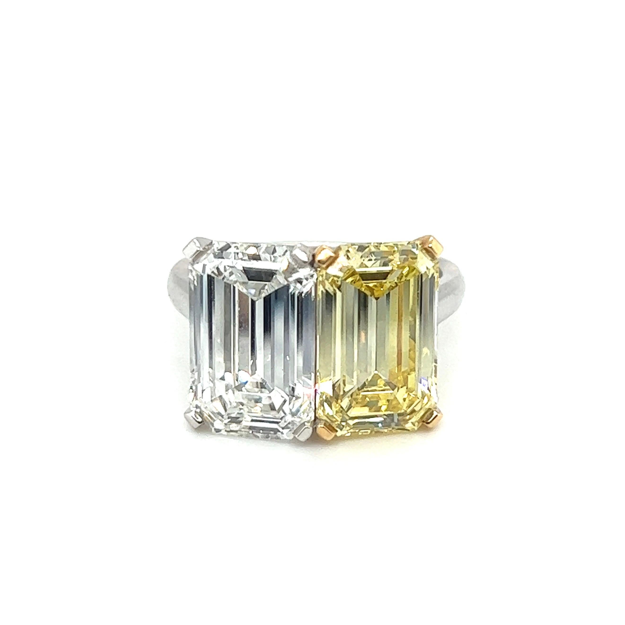 Women's or Men's GIA Certified Toi et Moi Emerald-Cut Fancy Color Diamond Ring
