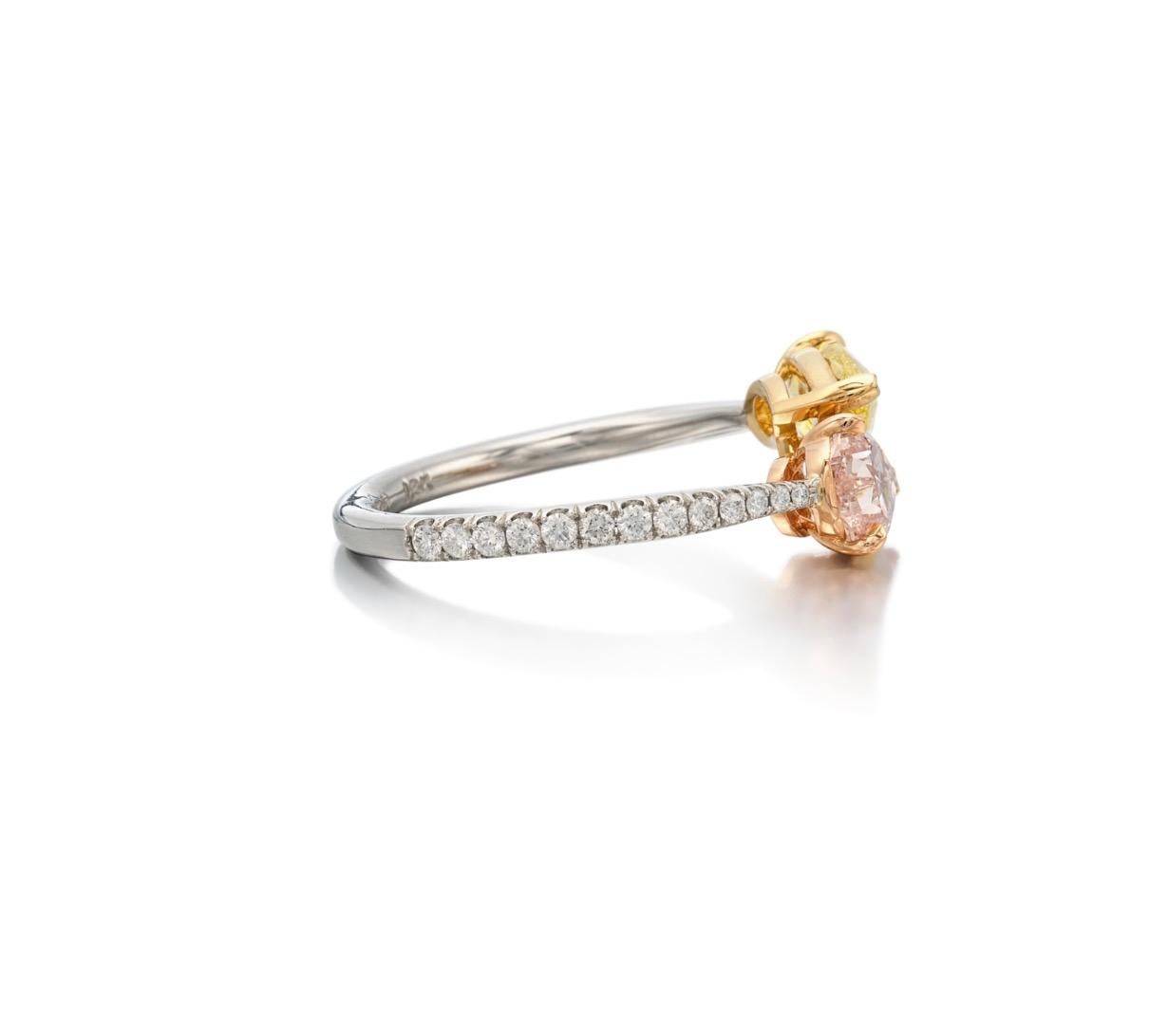 The Toi et Moi ring, with its distinctive design featuring a 1.08ct Fancy Brownish Pink SI1 Pear-shaped Diamond and a 1ct Fancy Vivid Yellow SI2 Pear-shaped Diamond, holds profound symbolism that transcends mere adornment. Rooted in the French