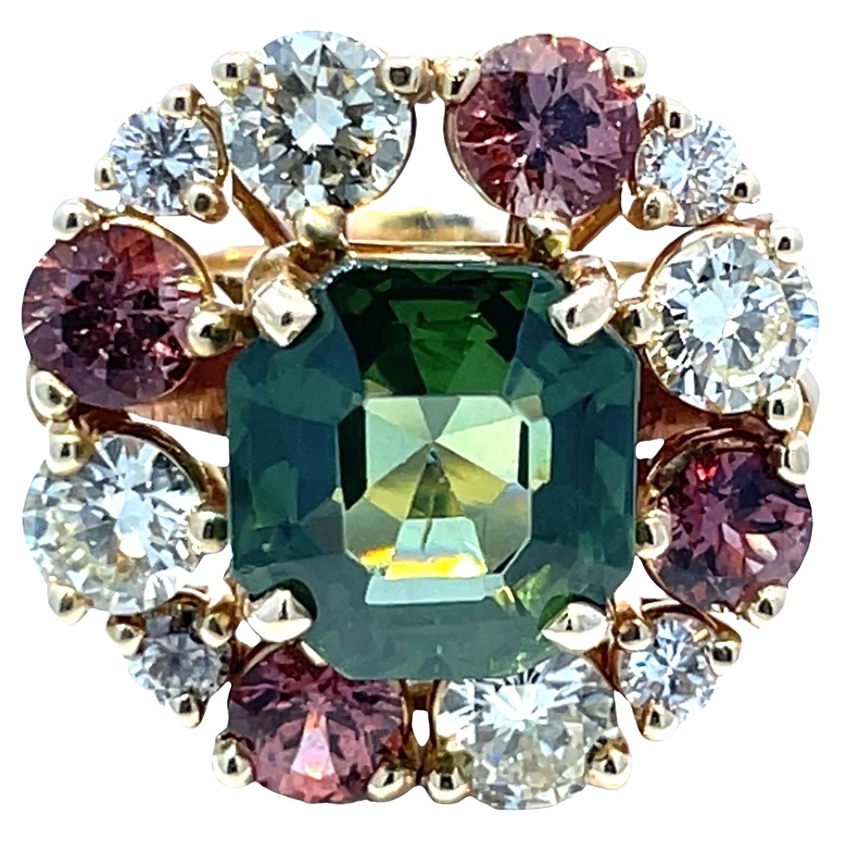 GIA-Certified Tourmaline, Diamond 
Garnet Ring in 18K Yellow Gold For Sale