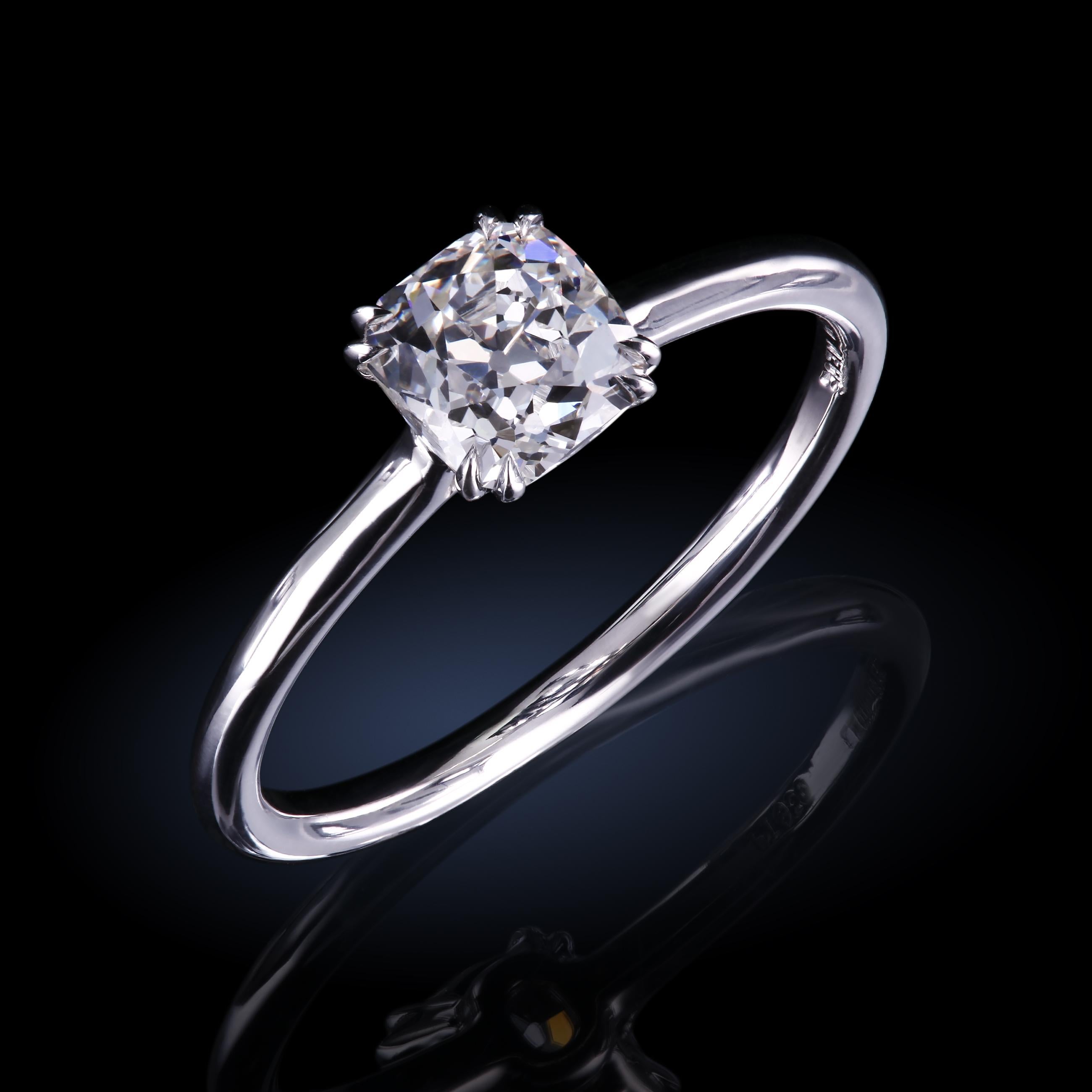 Imbuing memories into an elegant temple of beauty does not require a giant rock but can be achieved with the sweet Princessa™ platinum solitaire featuring a lovely 0.83-carat GIA I/VS1 antique cushion diamond, GIA report #1122803334.

Finger size: