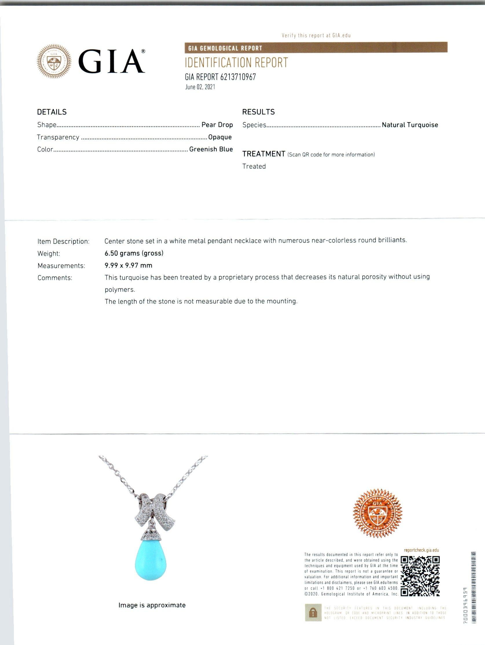 GIA-zertifizierte Türkis-Diamant-Weißgold-Halskette mit Anhänger im Zustand „Gut“ im Angebot in Stamford, CT