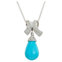 Vintage GIA Certified Turquoise Diamond White Gold Dangle Pendant Necklace