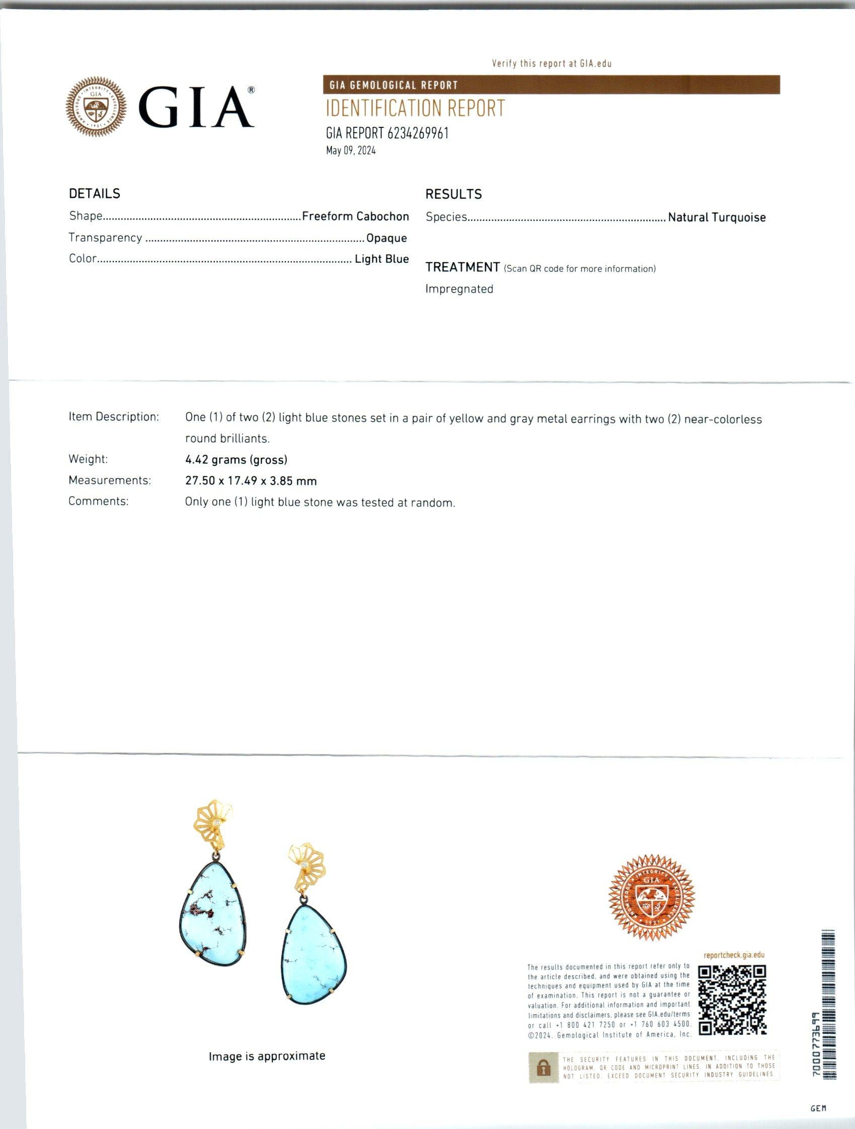 GIA Certified Turquoise Diamond Yellow Gold Sterling Silver Dangle Earrings In Excellent Condition For Sale In Stamford, CT