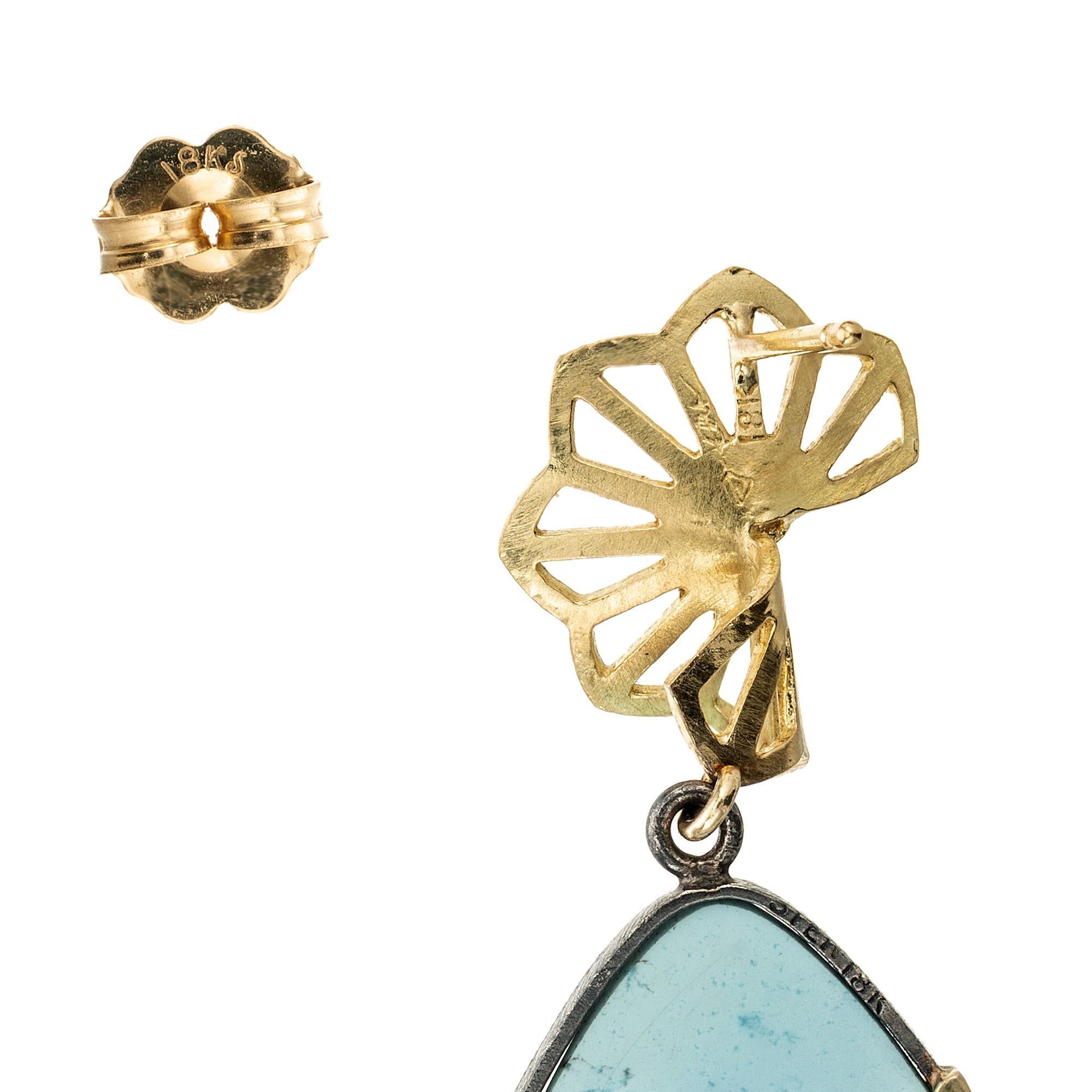 Women's GIA Certified Turquoise Diamond Yellow Gold Sterling Silver Dangle Earrings For Sale