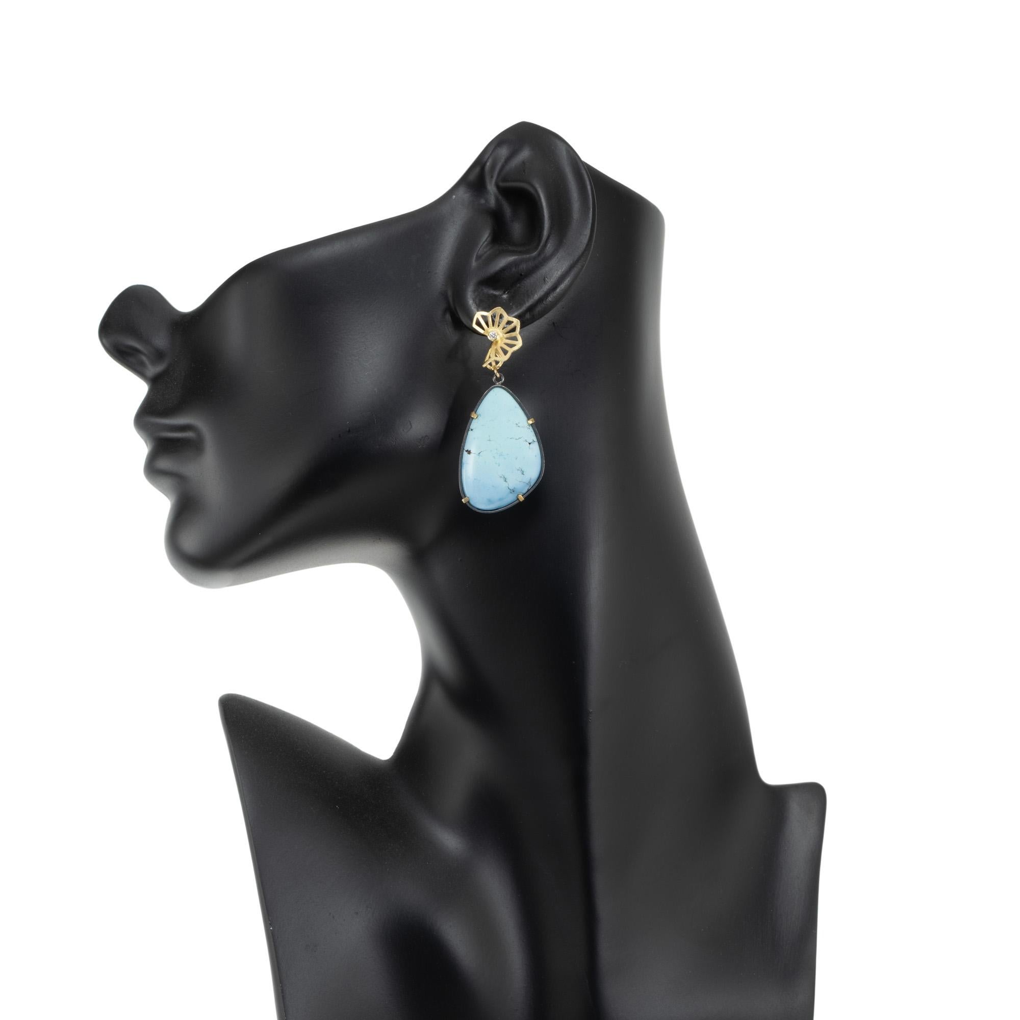 GIA Certified Turquoise Diamond Yellow Gold Sterling Silver Dangle Earrings For Sale 1
