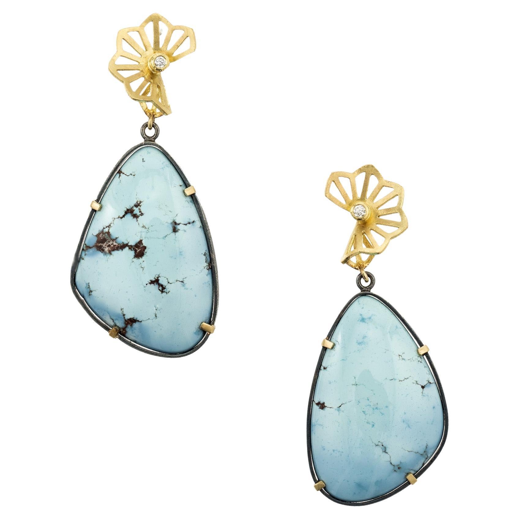GIA Certified Turquoise Diamond Yellow Gold Sterling Silver Dangle Earrings For Sale
