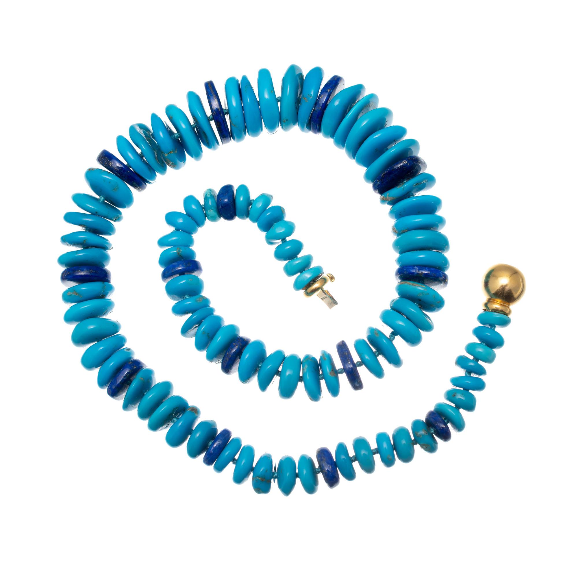 Round Cut GIA Certified Turquoise Lapis Lazulli Yellow Gold Rondelle Necklace