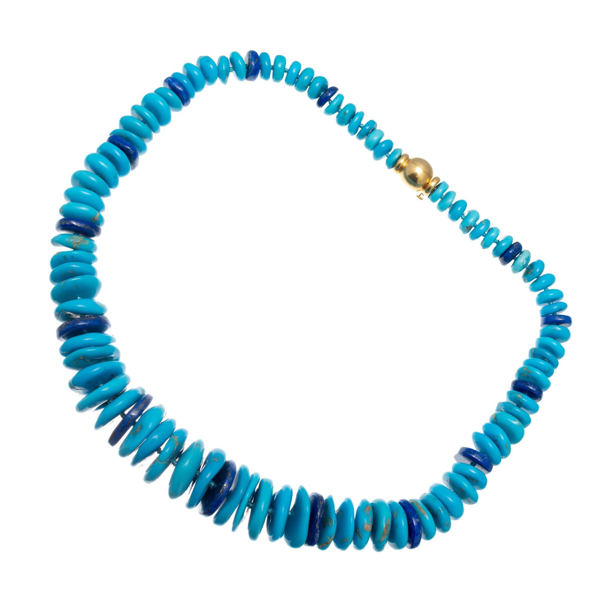 GIA Certified Turquoise Lapis Lazulli Yellow Gold Rondelle Necklace In Excellent Condition In Stamford, CT